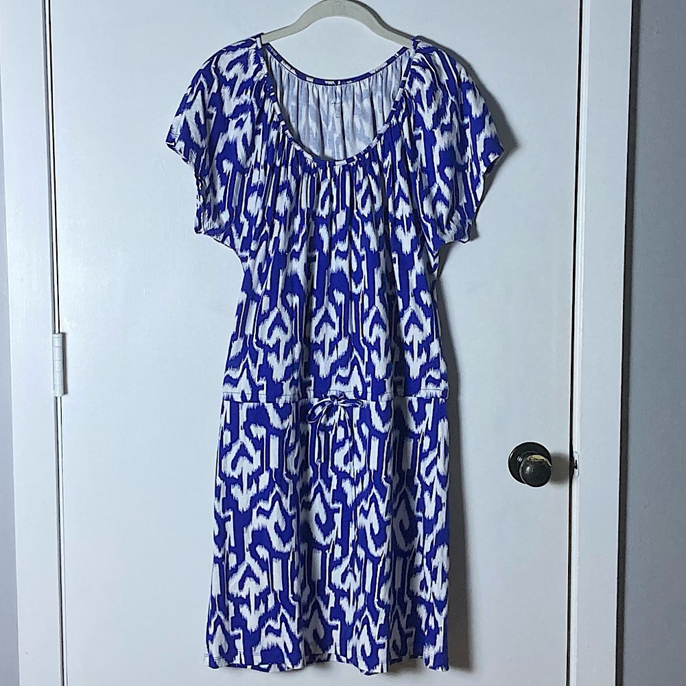 ⭐️ Kim Rogers Blue And White 100% Cotton Short Sleeve Midi Dress Size Medium